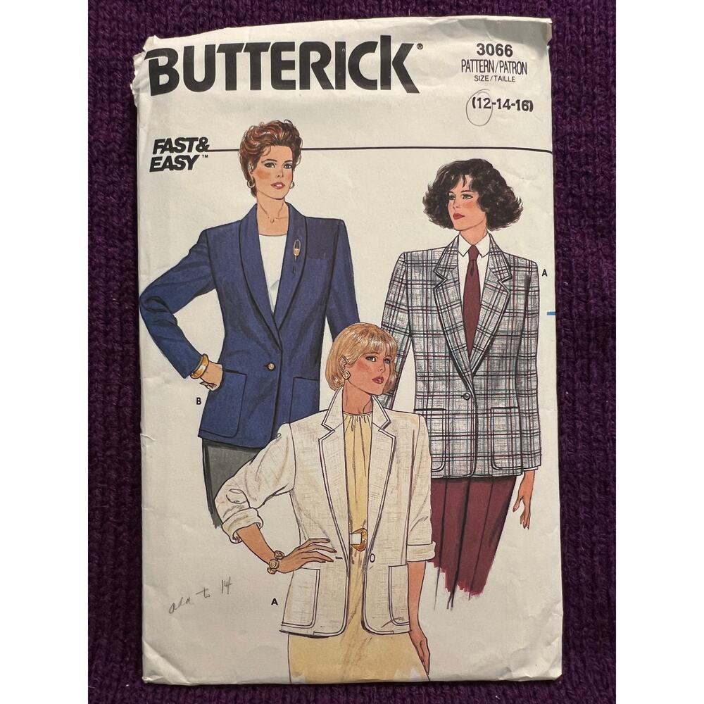 Butterick 3066 pattern blazer boxy boyfriend 1980s size 12